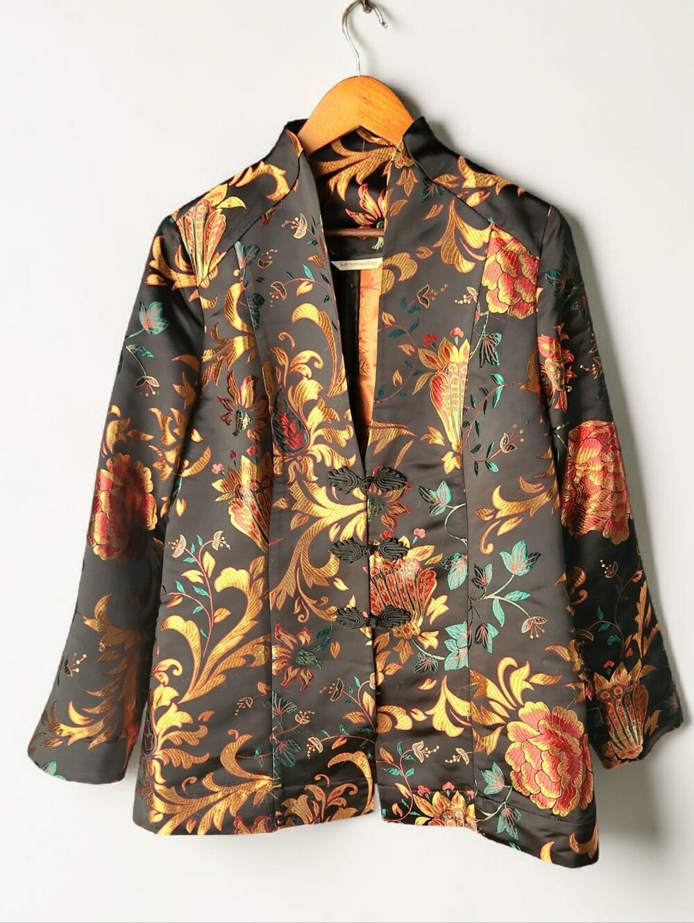 Soft Surroundings Moon Dynasty Satin Kimono Jacket Womens M Black Multi Brocade - Picture 9 of 15